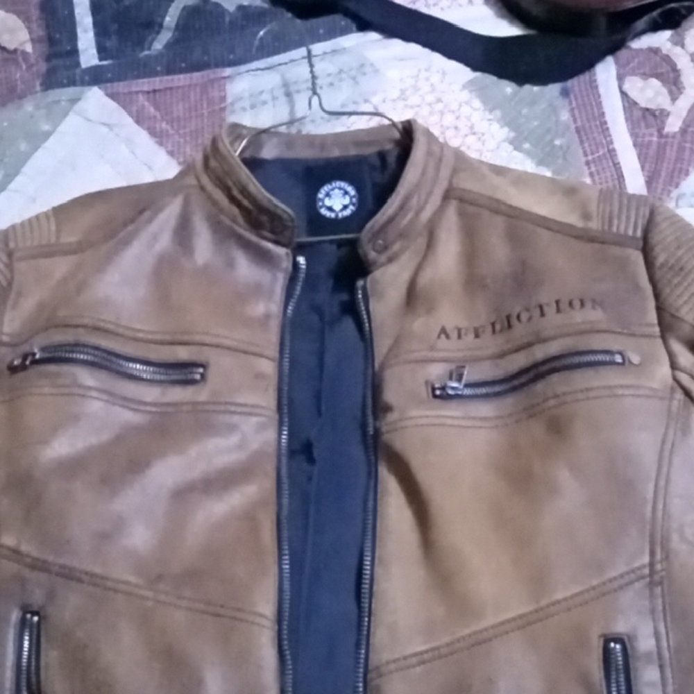Affliction Brown Faux-Leather Moto Jacket with Zips